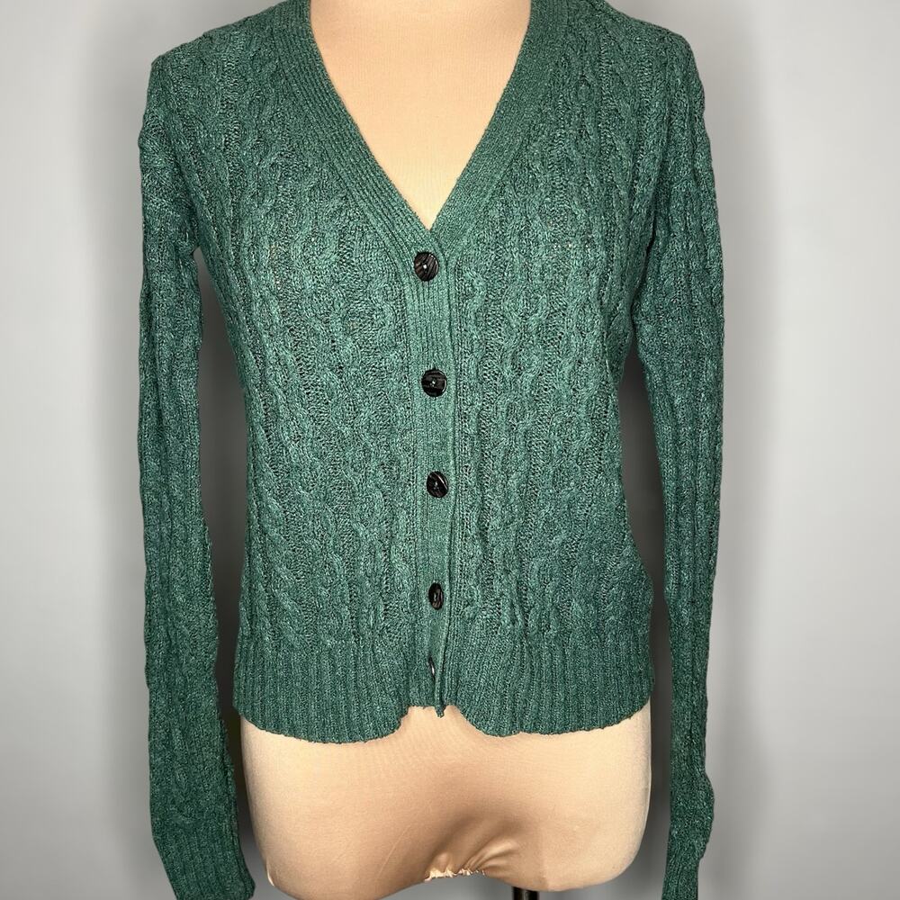 Peruvian Connection Cardigan Sweater XS Womens Green Button Cable Knit Cotton